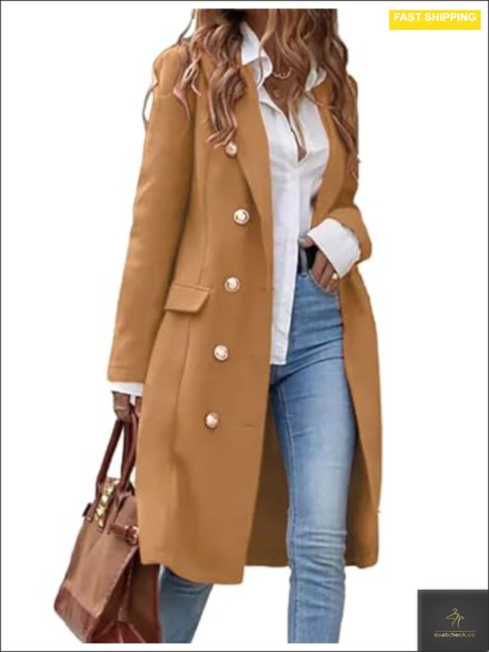 Wool Blend Pea Coat Double Breasted Long Sleeve Notch Lapel Knee Length